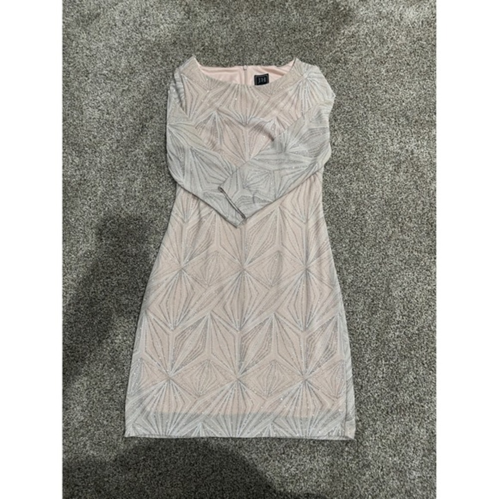 JH Evenings Pink Silver Metallic Geometric Sheath Dress 3/4‎ Sleeve Size 8
